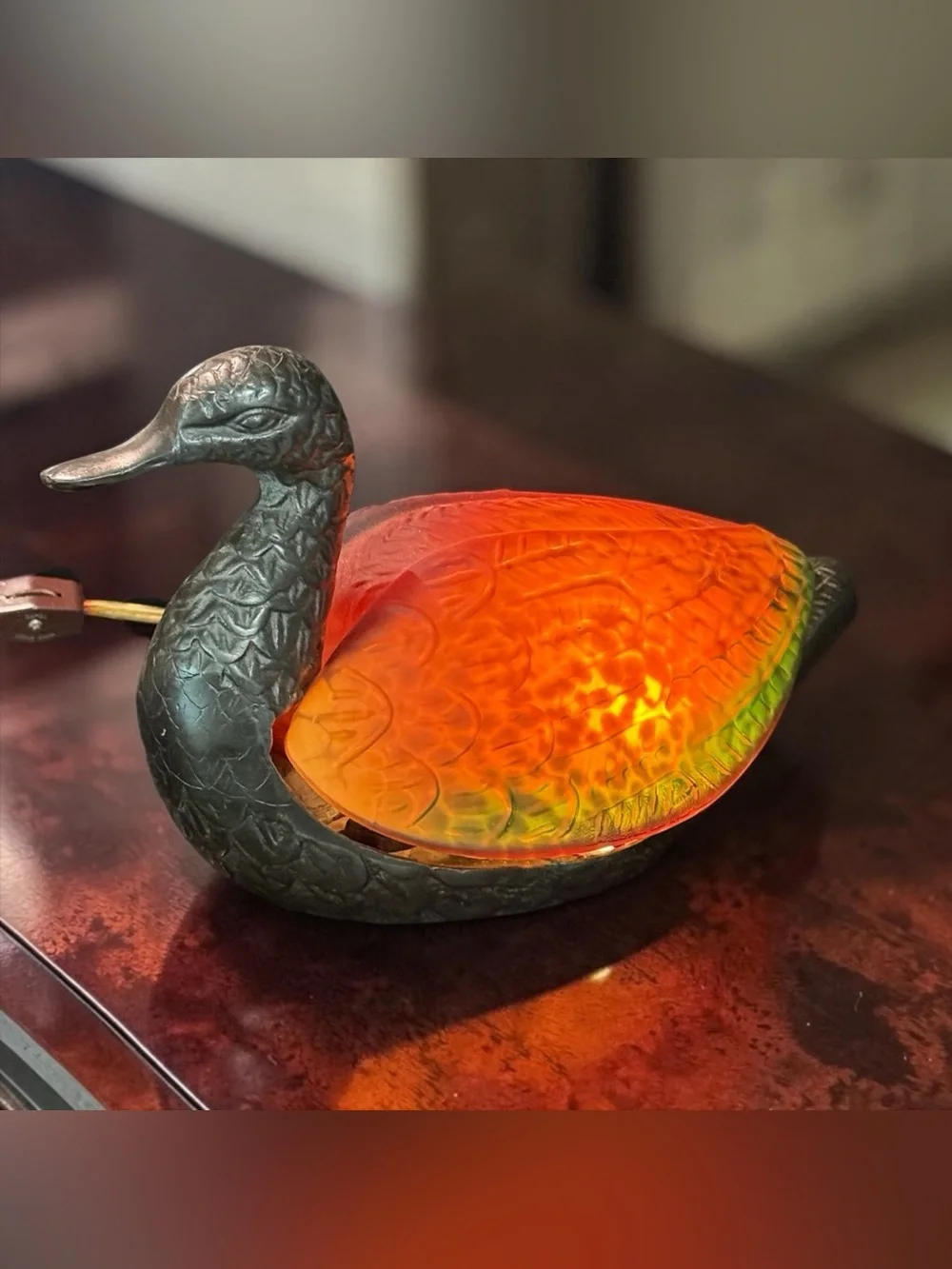 Vintage Lighted Amber Glass Duck Accent Lamp - Night Light with Metal Body